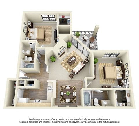 Floor plan for 2 beds, 2 baths, 1069 sqft
